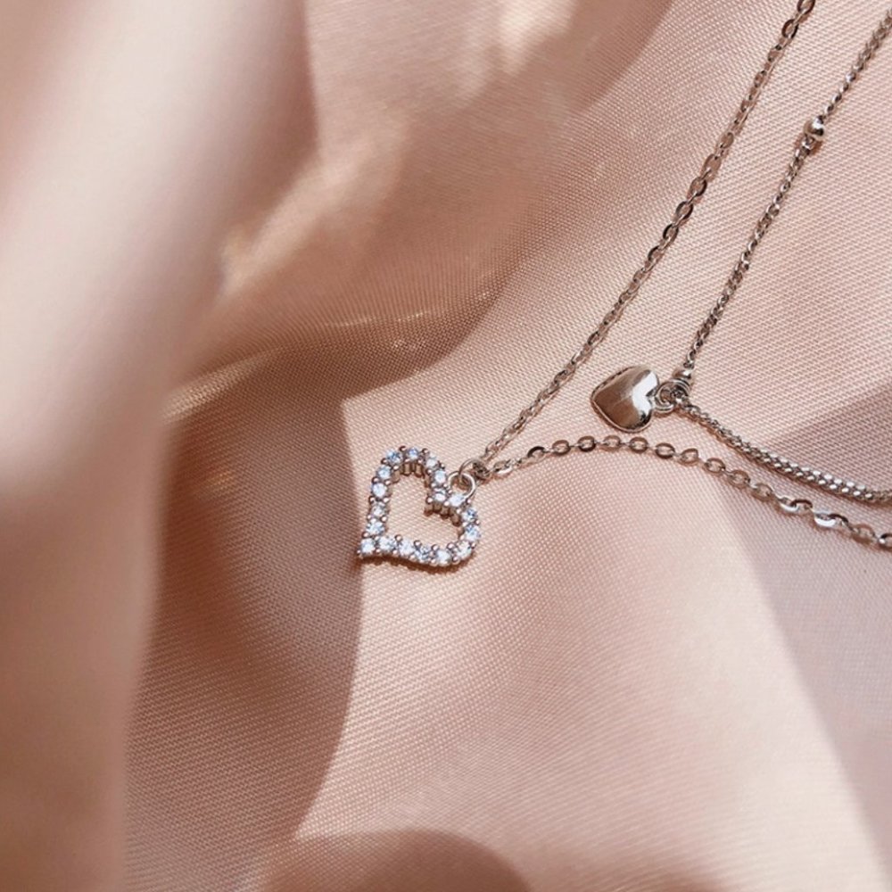 925 Sterling Silver Double Layer Heart Necklace Choker-NEW - Picture 8 of 16